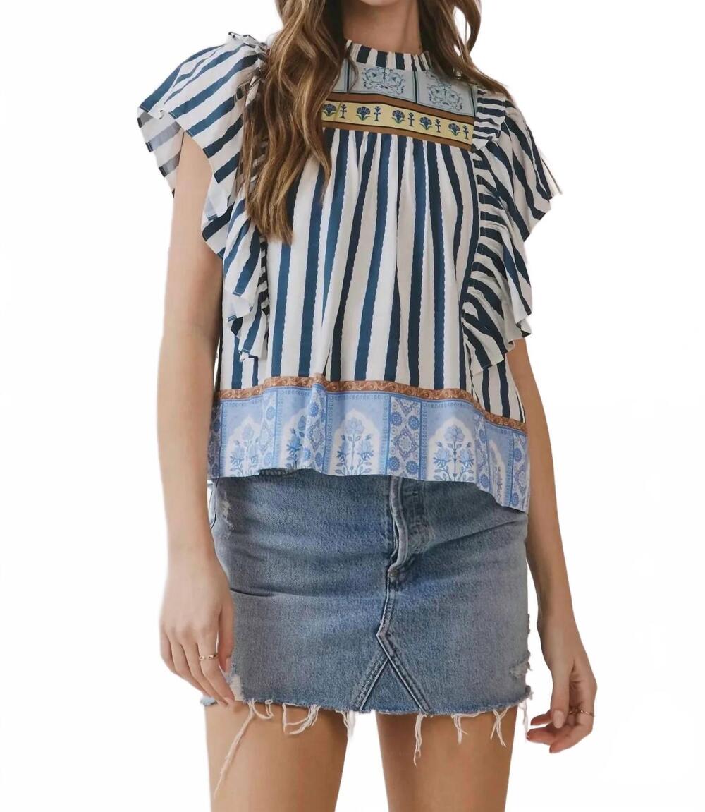 NEW TCEC striped border print ruffled detail top in navy